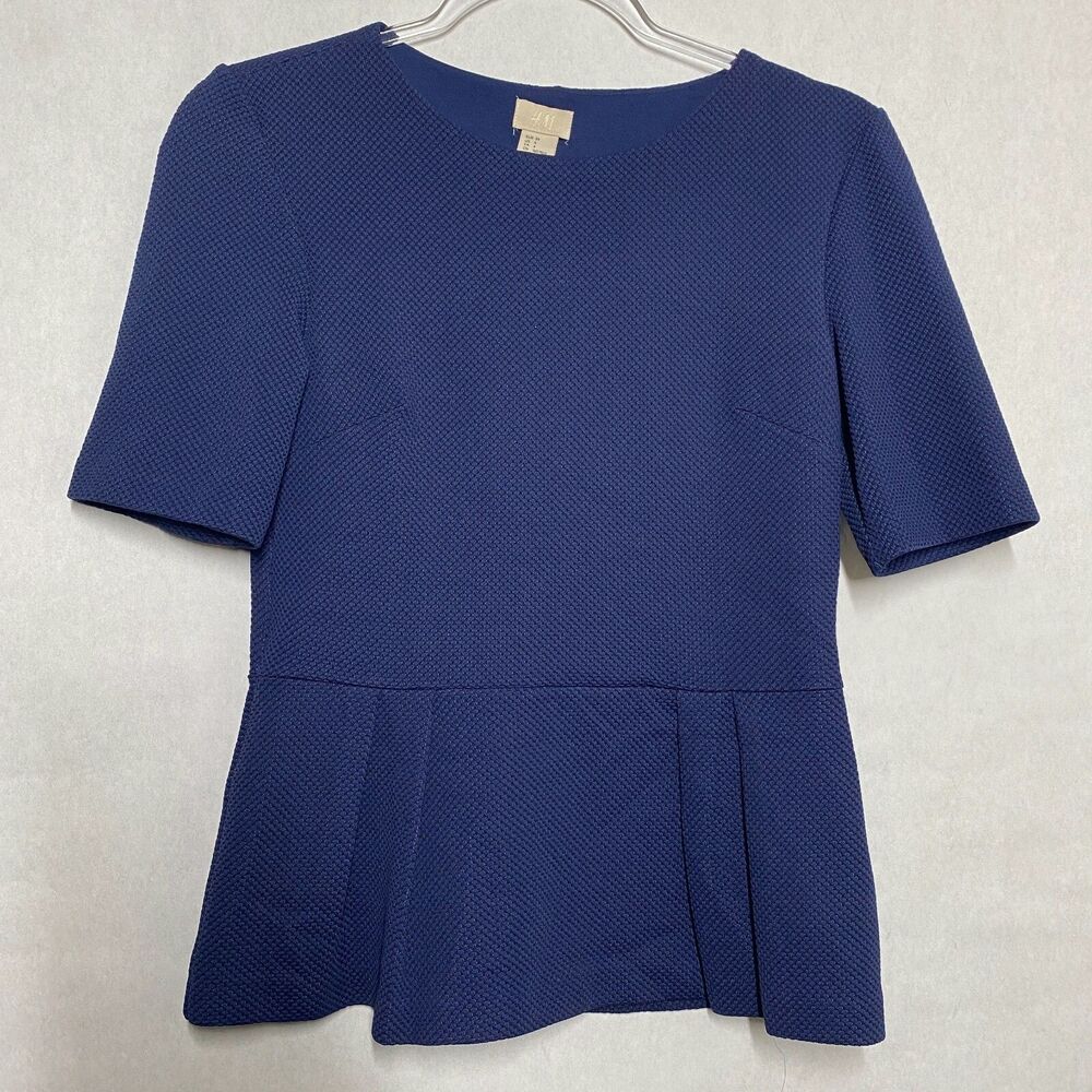 H&M Top Women Size 4 Blue Textured SS Pleated Peplum